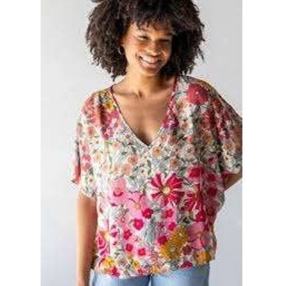 Natural Life Womens Large Pink Yellow Floral V-Neck Boxy Boho Short Sleeve Top